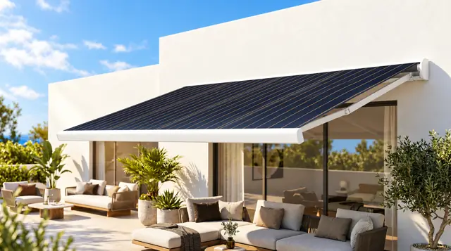 Solar awning with photovoltaic fabric extended over a house terrace
